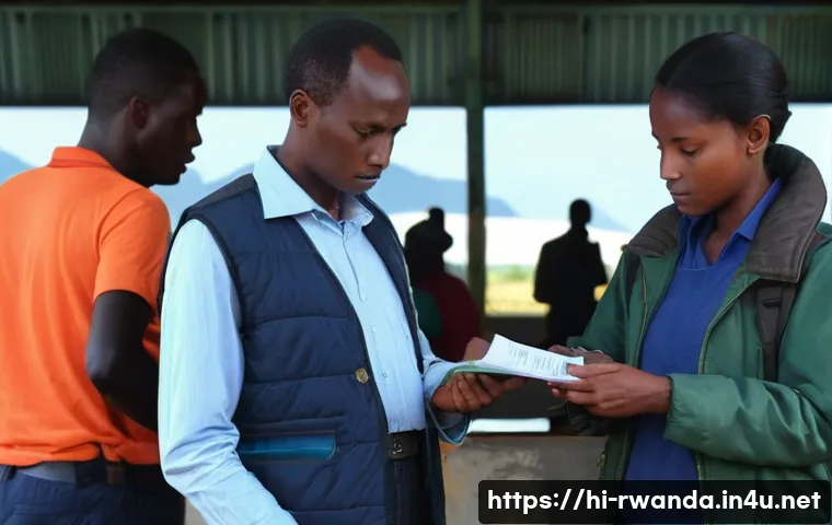 르완다의 국경 절차 - A detailed scene of a traveler at a Rwandan border checkpoint, standing calmly while a polite border...