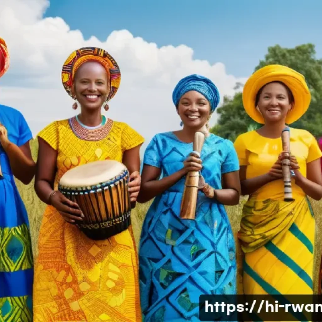 르완다의 종교 축제 - A vibrant Rwandan Easter festival scene featuring a diverse group of people wearing colorful traditi...