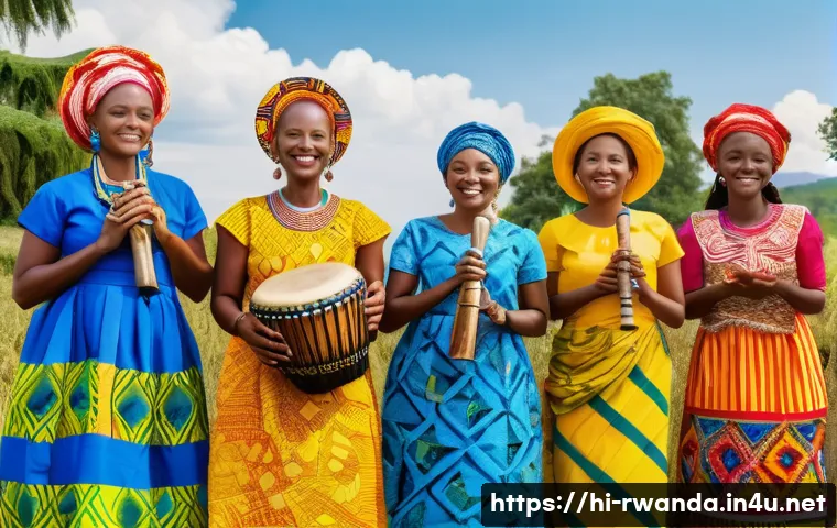 르완다의 종교 축제 - A vibrant Rwandan Easter festival scene featuring a diverse group of people wearing colorful traditi...