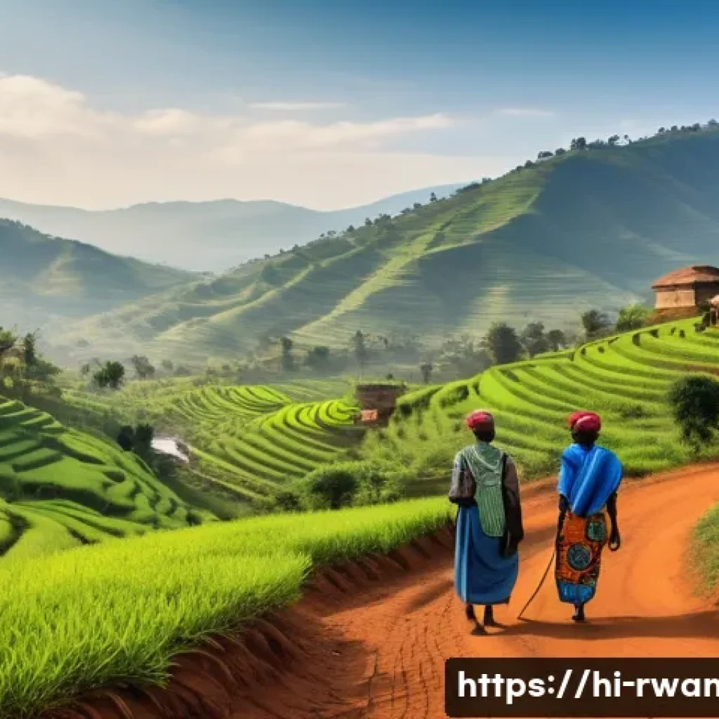 르완다에서의 은퇴 생활 - A serene rural landscape in Rwanda showcasing lush green hills and small traditional villages surrou...