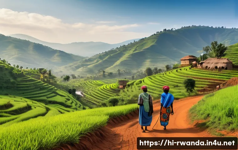 르완다에서의 은퇴 생활 - A serene rural landscape in Rwanda showcasing lush green hills and small traditional villages surrou...