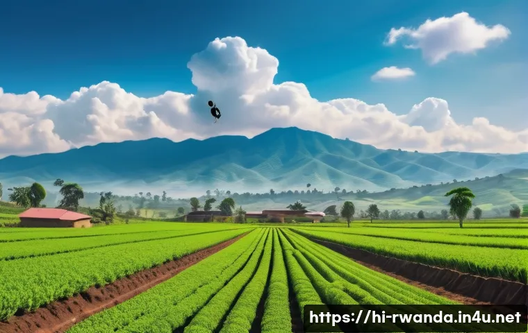 르완다의 주요 농산물 - A vibrant Rwandan farm scene showcasing small-scale farmers using advanced technology such as drones...