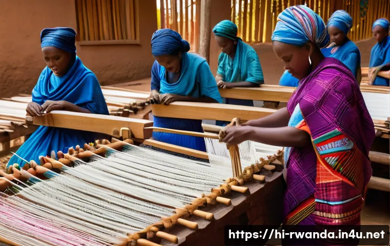 르완다 전통 직물 박물관 - A vibrant scene depicting skilled Rwandan artisans weaving traditional Imbabi cloth using cotton and...