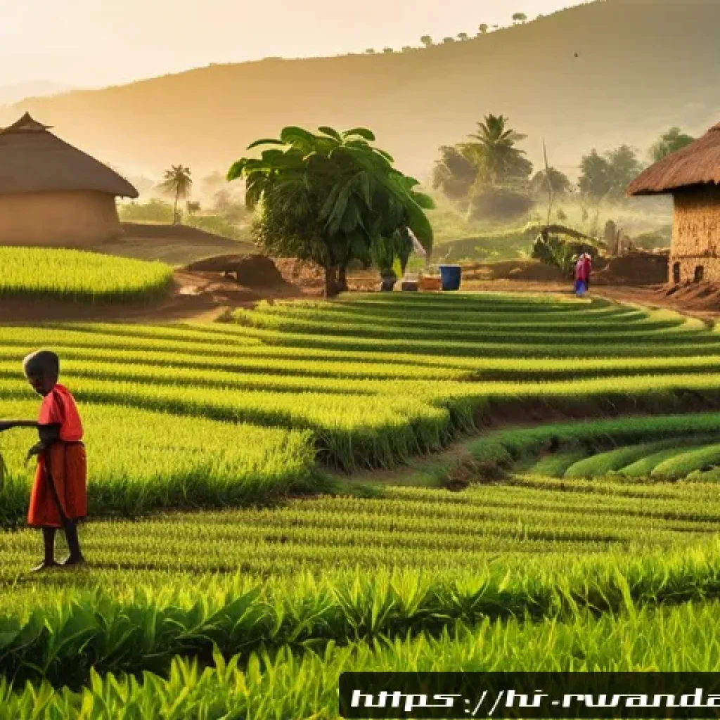 르완다에서의 봉사 활동 - A vibrant rural Rwandan village scene at sunrise, depicting local farmers working in lush green fiel...
