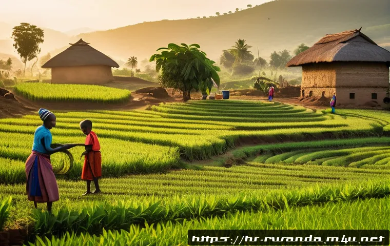 르완다에서의 봉사 활동 - A vibrant rural Rwandan village scene at sunrise, depicting local farmers working in lush green fiel...