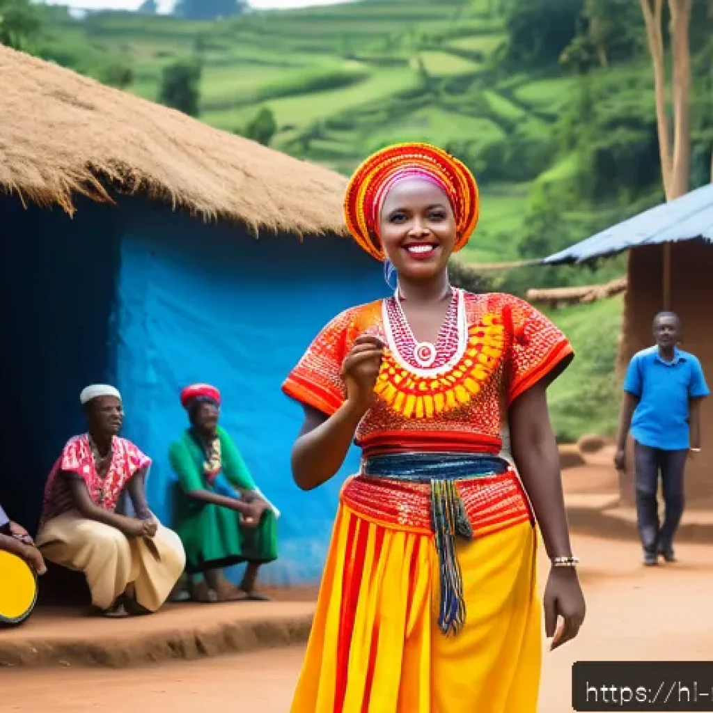 르완다의 문화 예술 지원 프로그램 - A vibrant traditional Rwandan cultural festival scene in a rural village setting, featuring a divers...