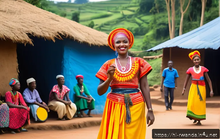 르완다의 문화 예술 지원 프로그램 - A vibrant traditional Rwandan cultural festival scene in a rural village setting, featuring a divers...