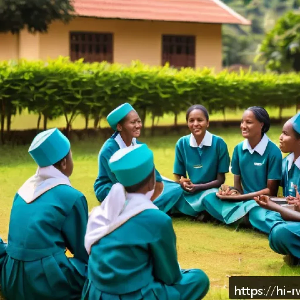 르완다의 주요 종교 학교 - A group of diverse Rwandan youth students wearing modest school uniforms and engaged in a lively dia...