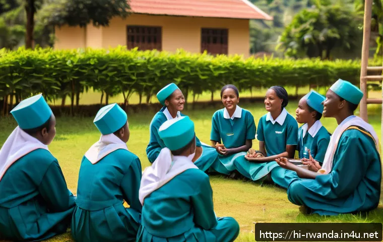 르완다의 주요 종교 학교 - A group of diverse Rwandan youth students wearing modest school uniforms and engaged in a lively dia...