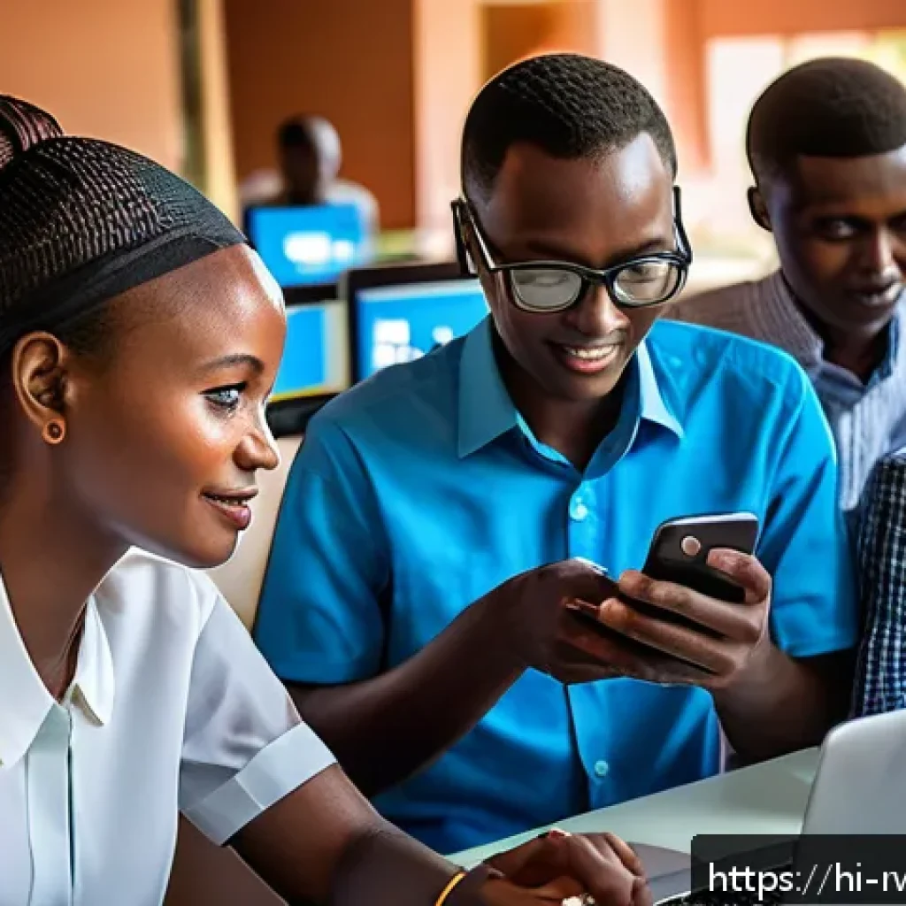 르완다의 주요 언론사 - A vibrant digital newsroom scene in Rwanda showing young journalists using smartphones and laptops t...