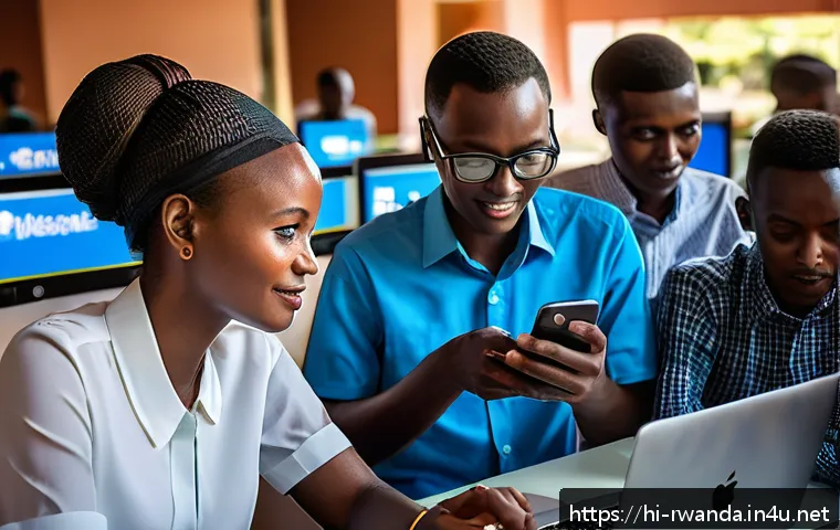 르완다의 주요 언론사 - A vibrant digital newsroom scene in Rwanda showing young journalists using smartphones and laptops t...