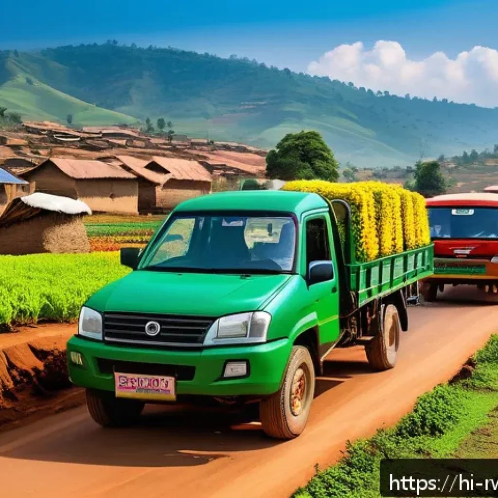 르완다와 아프리카 개발은행 - A bustling Rwandan rural market scene showcasing modernized infrastructure with newly paved roads co...