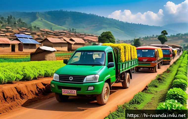 르완다와 아프리카 개발은행 - A bustling Rwandan rural market scene showcasing modernized infrastructure with newly paved roads co...