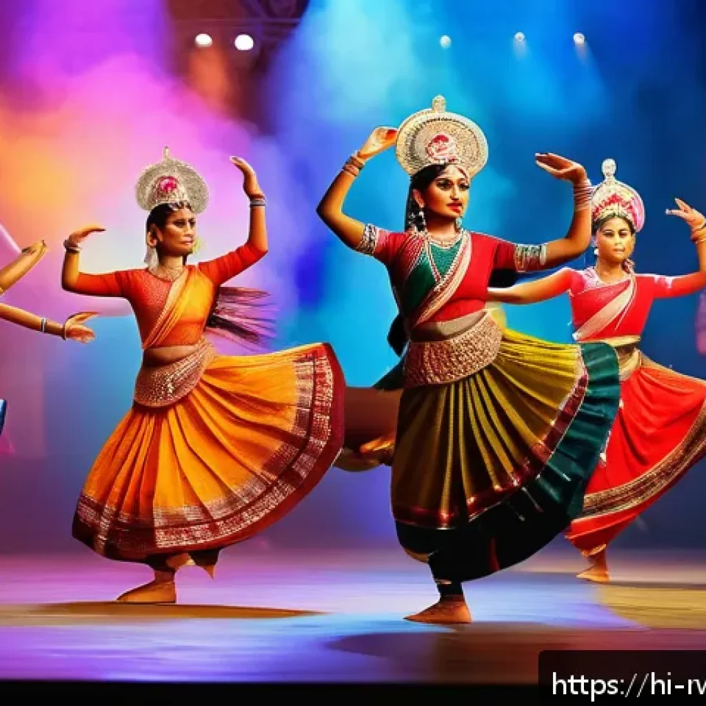르완다 민속 춤의 미래 전망 - A vibrant scene of young Indian dancers performing the traditional Runda dance on a brightly lit sta...