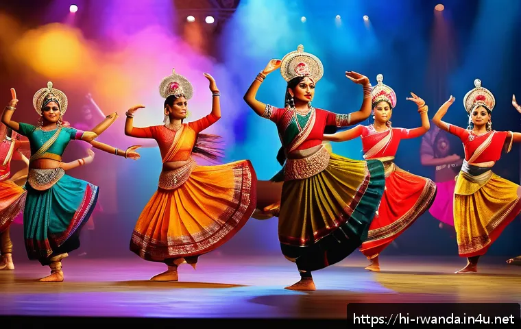 르완다 민속 춤의 미래 전망 - A vibrant scene of young Indian dancers performing the traditional Runda dance on a brightly lit sta...