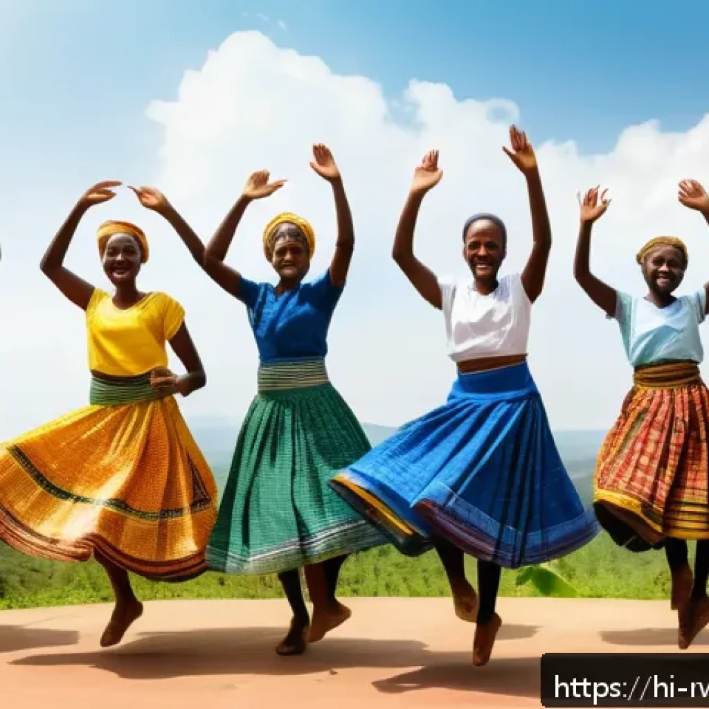 르완다 민속 춤의 건강 효과 - A vibrant scene of traditional Rwandan folk dancers performing energetically outdoors during daytime...