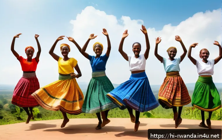 르완다 민속 춤의 건강 효과 - A vibrant scene of traditional Rwandan folk dancers performing energetically outdoors during daytime...