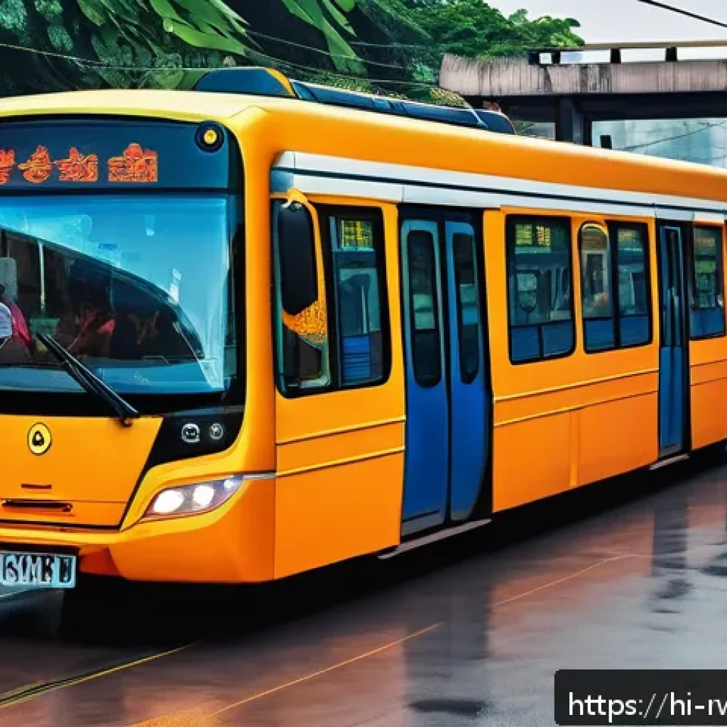 르완다의 대중 교통 개선 방안 - A bustling urban public transportation scene in Rowanda featuring a modern digital ticketing