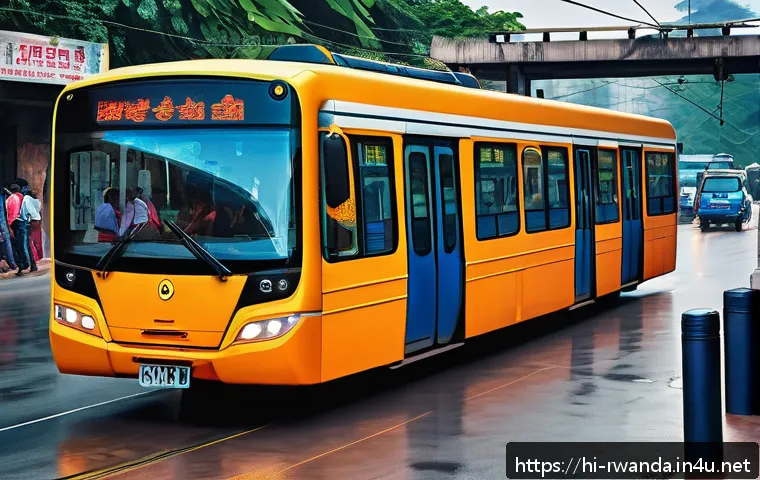 르완다의 대중 교통 개선 방안 - A bustling urban public transportation scene in Rowanda featuring a modern digital ticketing