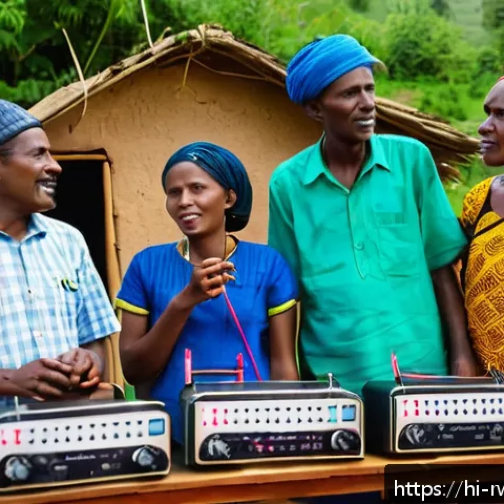 르완다의 주요 언론 매체 - A vibrant Rwandan rural radio station scene featuring a diverse group of adult listeners gathered ar...