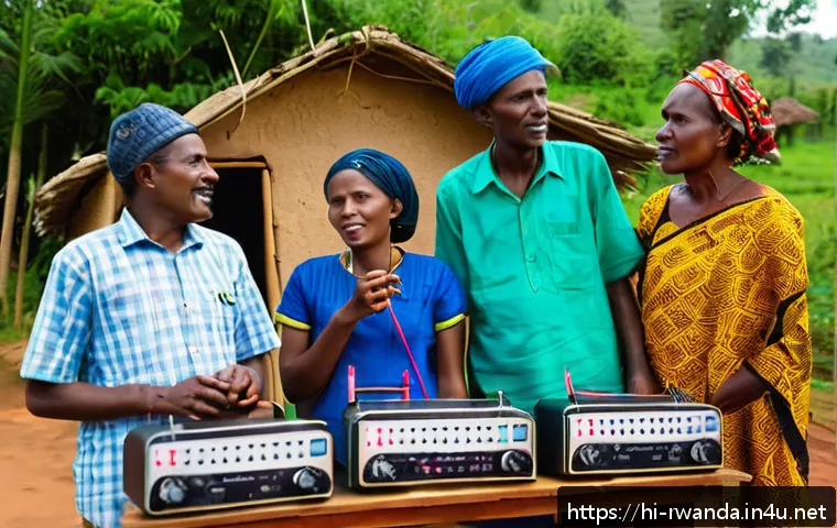 르완다의 주요 언론 매체 - A vibrant Rwandan rural radio station scene featuring a diverse group of adult listeners gathered ar...