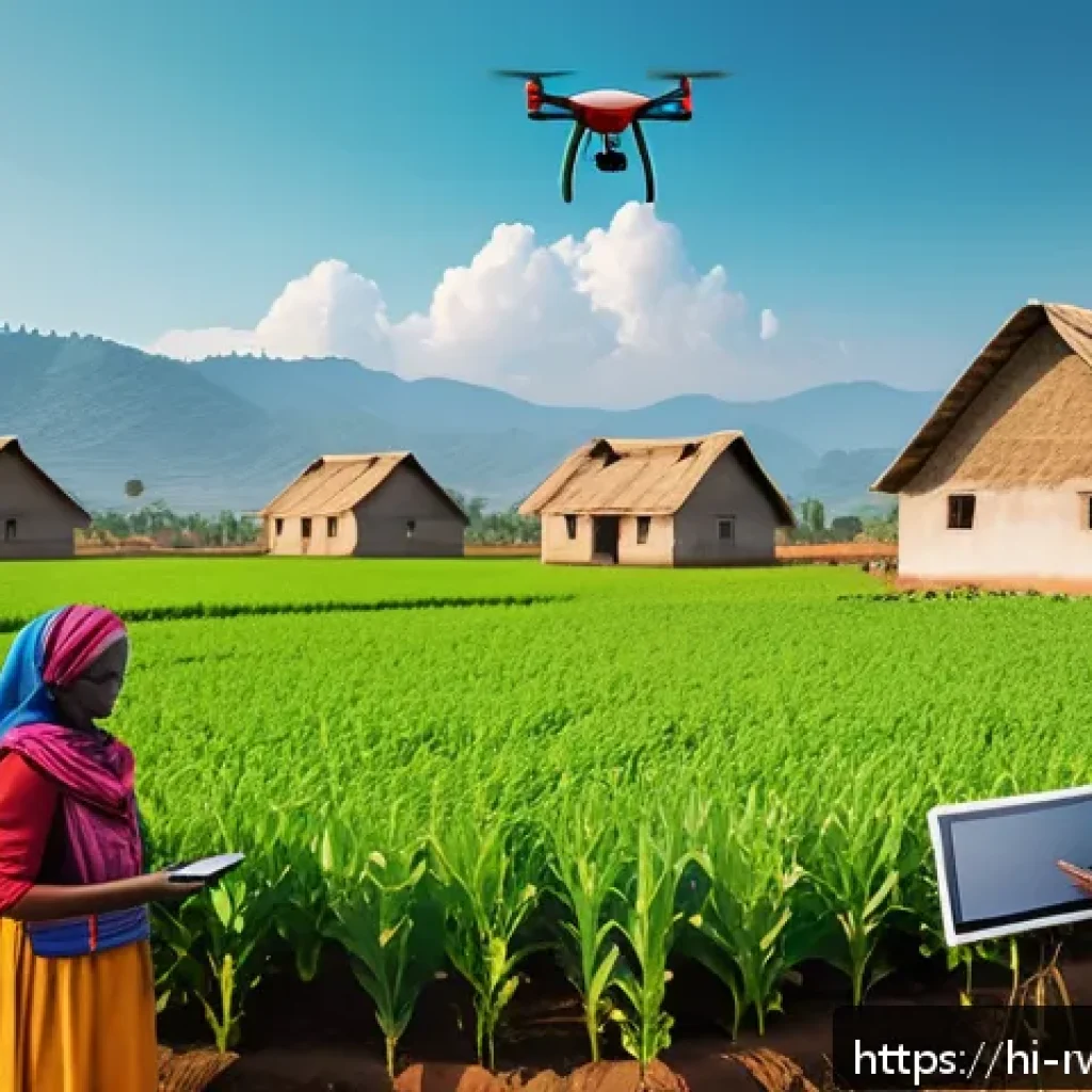 르완다의 지역 경제 활성화 - A vibrant rural Rwandan village scene showing farmers using smartphones and drones for smart farming...