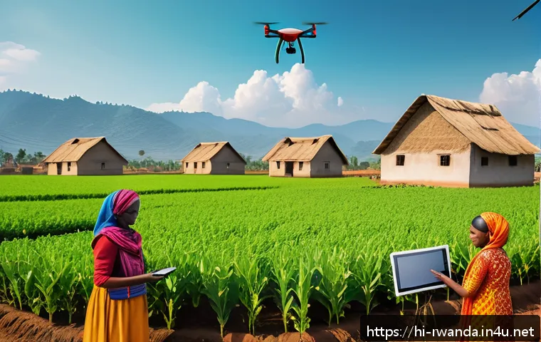 르완다의 지역 경제 활성화 - A vibrant rural Rwandan village scene showing farmers using smartphones and drones for smart farming...