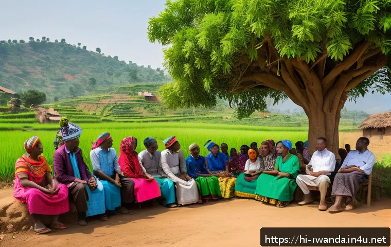르완다의 빈곤 퇴치 노력 - A vibrant rural Rwandan village scene showing a diverse group of local leaders and community members...