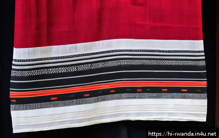 르완다의 전통 직물 전시회 - A vibrant close-up of a traditional Rwandan Imigongo textile displayed on a mannequin wearing modest...