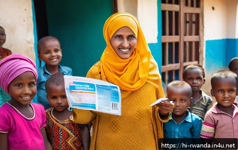 르완다 의료 체계 - A vibrant scene in a rural Rwandan village health center featuring a female community health worker ...