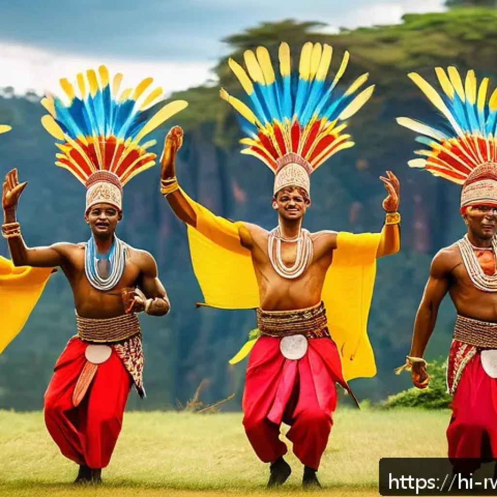 르완다 민속 춤의 주요 스타일과 특징 - A vibrant scene of Rwandan traditional dance "Imbiga" featuring adult male dancers in colorful attir...