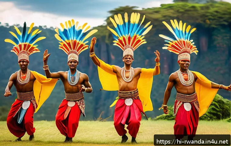 르완다 민속 춤의 주요 스타일과 특징 - A vibrant scene of Rwandan traditional dance "Imbiga" featuring adult male dancers in colorful attir...