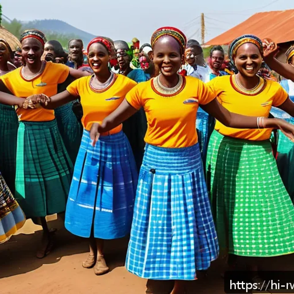 르완다의 민속 춤 공연장 추천 - A vibrant Rwandan traditional dance scene at a local village festival, featuring male and female dan...