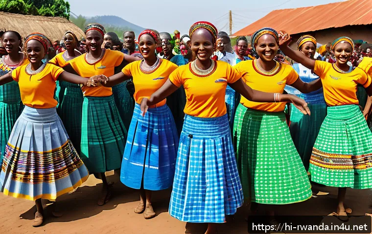 르완다의 민속 춤 공연장 추천 - A vibrant Rwandan traditional dance scene at a local village festival, featuring male and female dan...