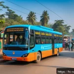 르완다에서의 대중교통 이용법 - A vibrant urban scene in Rwanda featuring a busy smart bus stop with an electronic information board...