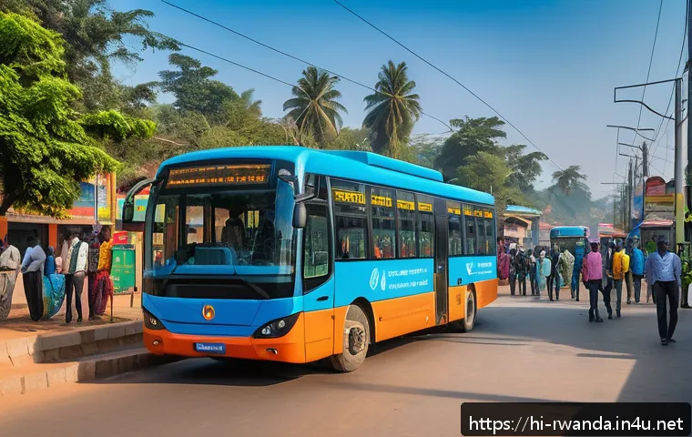 르완다에서의 대중교통 이용법 - A vibrant urban scene in Rwanda featuring a busy smart bus stop with an electronic information board...