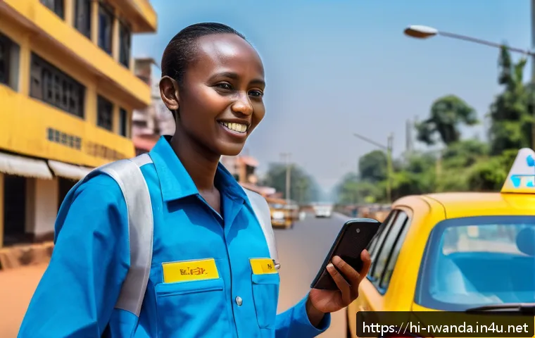 르완다 여행 안전 팁 - A detailed scene of a reliable taxi service in Rwanda for Hindi-speaking travelers: a licensed, clea...