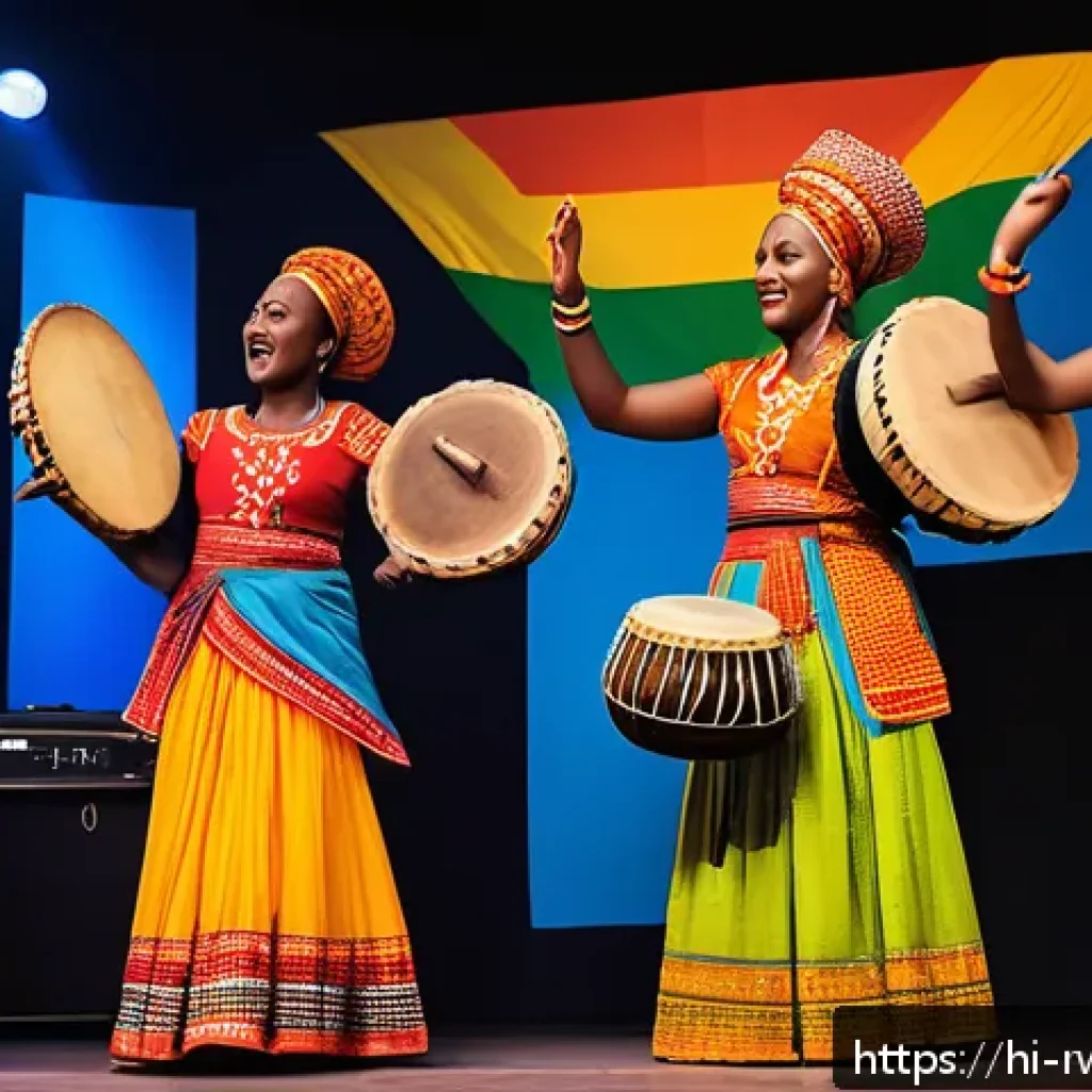 르완다 민속 음악 콘서트 - A vibrant live performance scene in Rwanda featuring traditional musicians playing the imbuja (a str...