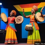 르완다 민속 음악 콘서트 - A vibrant live performance scene in Rwanda featuring traditional musicians playing the imbuja (a str...