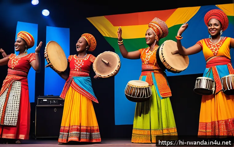 르완다 민속 음악 콘서트 - A vibrant live performance scene in Rwanda featuring traditional musicians playing the imbuja (a str...