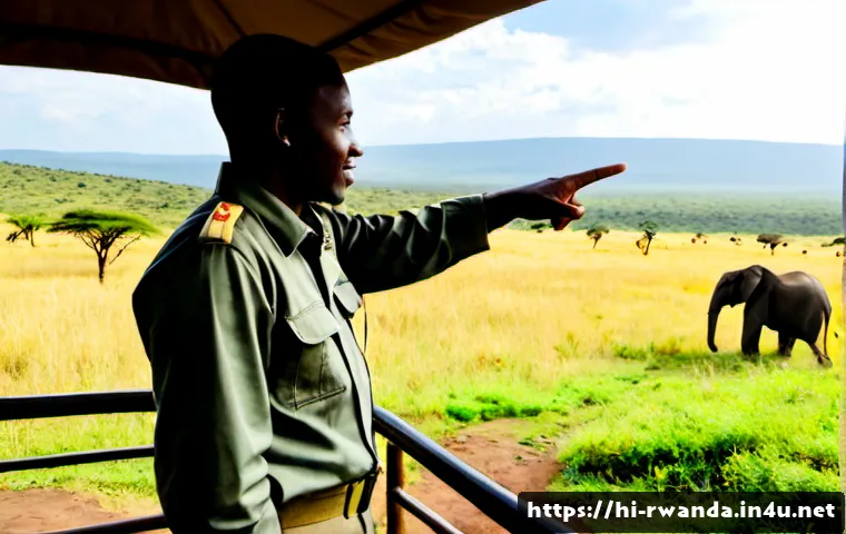 르완다에서의 사파리 투어 가이드 - Photorealistic Rwanda safari tour guide in khaki field clothing standing beside an open-roof safari ...