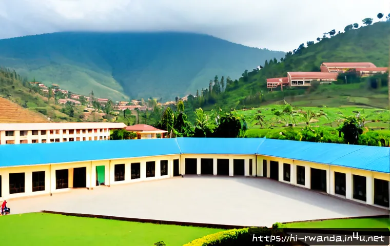 르완다의 주요 국제 학교 - Photorealistic wide exterior view of a modern international school campus in Kigali, Rwanda, welcomi...