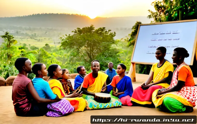 Home 17 르완다 민속 음악 공연 일정 - Photorealistic Rwanda folk music performance at sunset, traditional drummers and dancers in vibrant ...