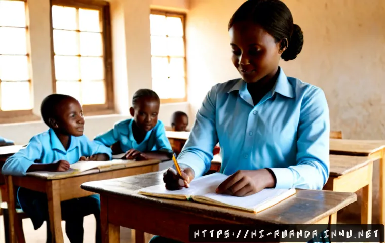 르완다 교육 정책 - Photorealistic rural Rwanda primary school classroom, attentive children in neat school uniforms sea...