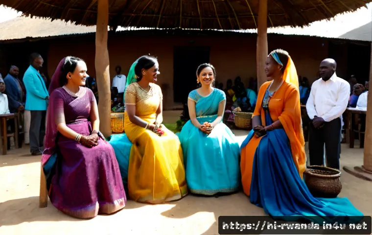 르완다 전통 결혼식 풍경 - Photorealistic traditional Rwandan wedding ceremony in a sunlit rural courtyard, elegantly dressed b...
