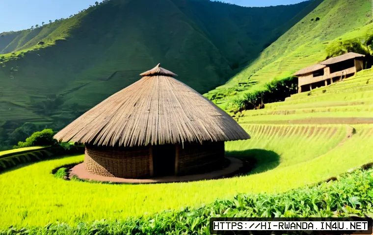 르완다의 주요 건축 양식 - Photorealistic wide-angle view of traditional Rwandan vernacular architecture, a graceful circular t...