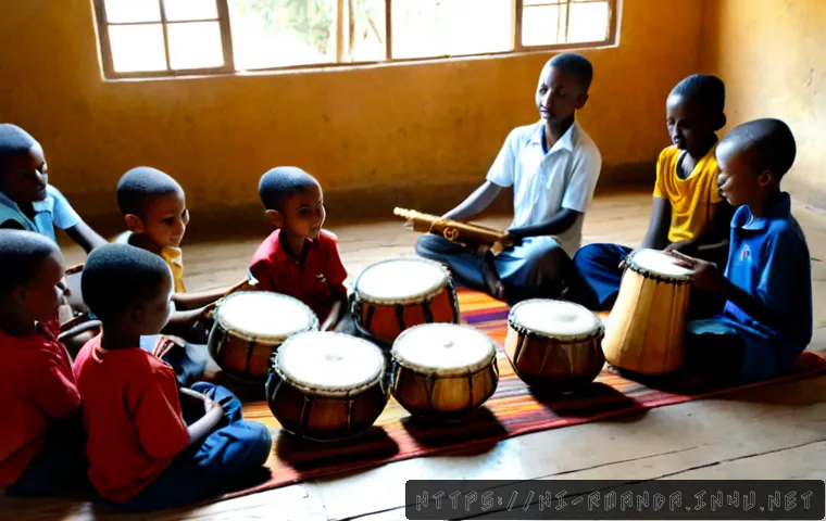 르완다 민속 음악 교육 프로그램 - Photorealistic Rwandan folk music education workshop in a bright rural community classroom, an exper...